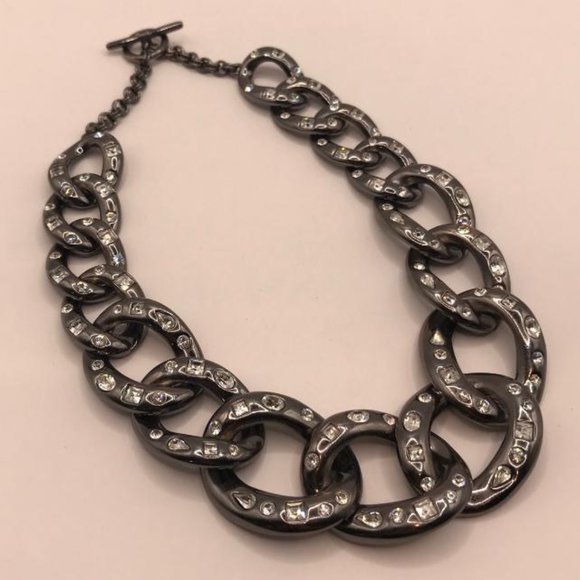 Vintage Kenneth Jay Lane (KJL) Gun Metal Rhinestone Chain Link Necklace - Picture 2 of 8